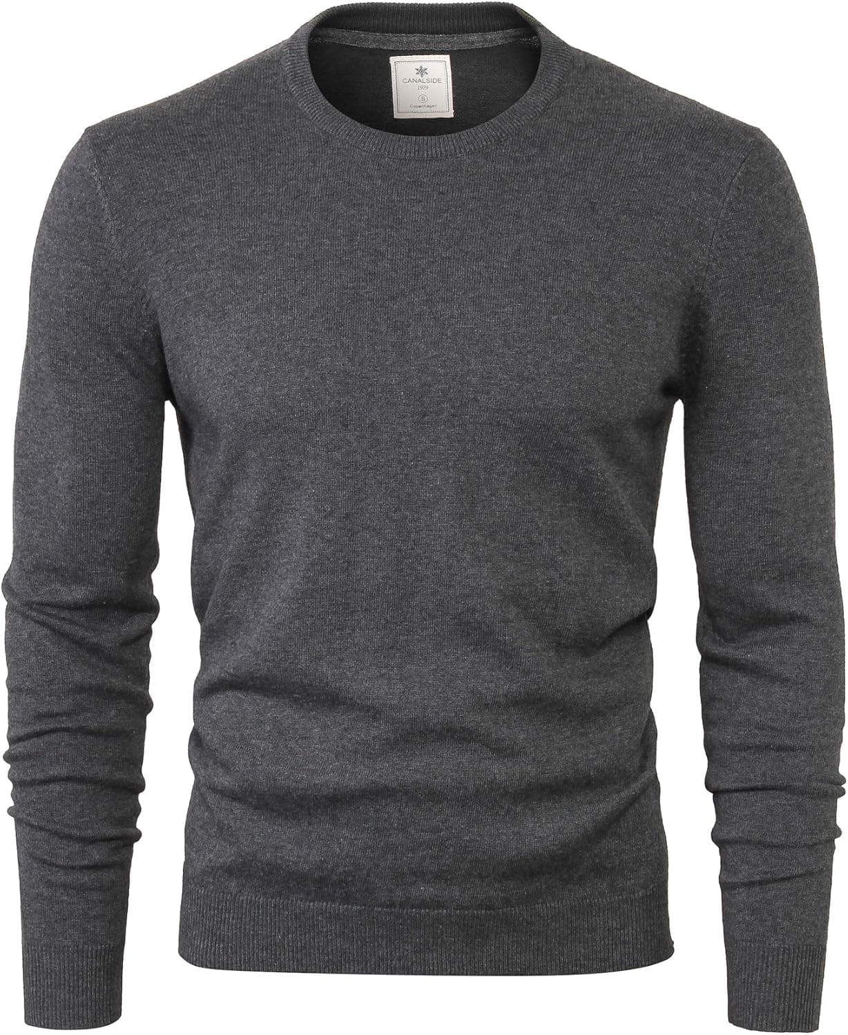 CANALSIDE Essential Crew Neck Sweater for Men Merino Wool Pima Cotton Knit Mid-Weight Soft Long Sleeve Pullover Sweater Regular Fit,Small,Dim Gray