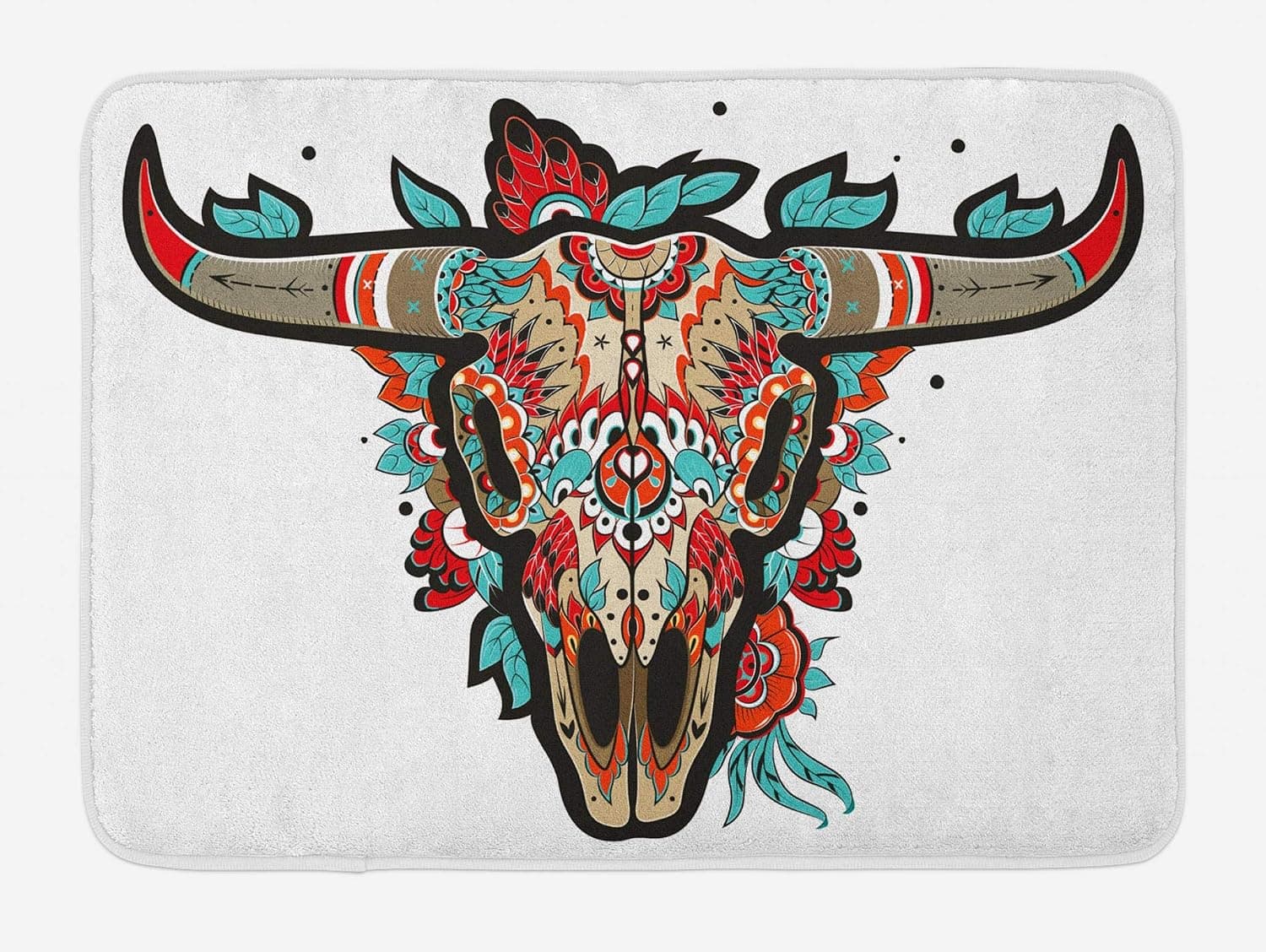 Lunarable Western Bath Mat, Buffalo Sugar Mexican Skull Colorful Ornate Design Horned Animal Trophy, Plush Bathroom Decor Mat with Non Slip Backing, 29.5" X 17.5", Turquoise Orange