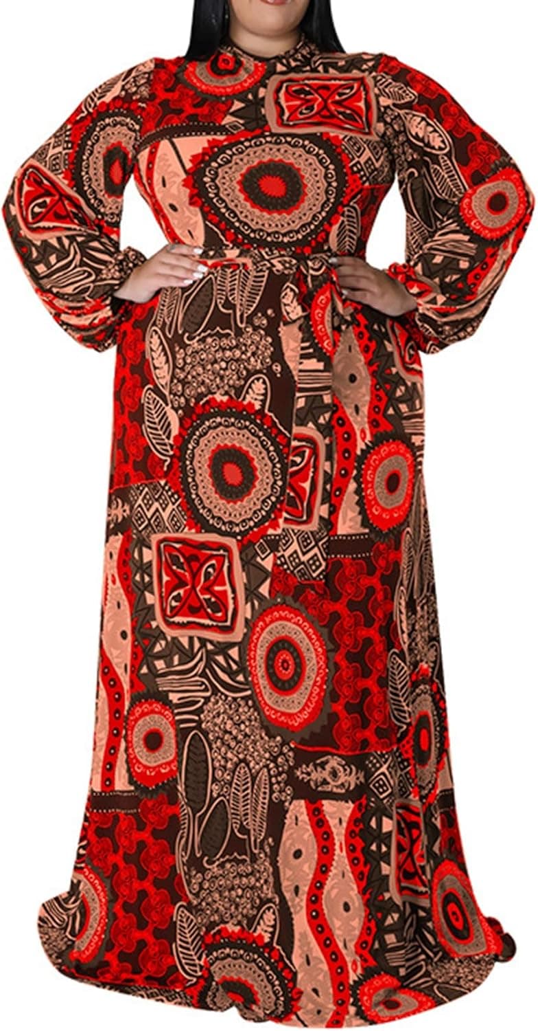 Salimdy Plus Size Maxi Dress for Women Floral Print Long Sleeve Loose Casual Long Dresses with Belt