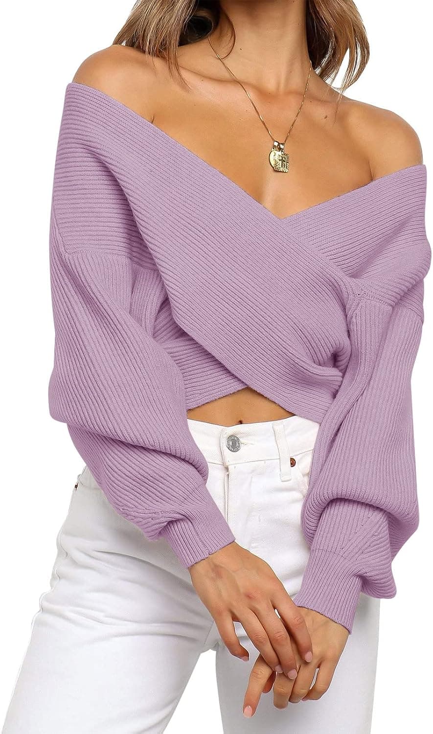ZCSIA Women's Long Sleeve Wrap V Neck Cross Front Solid Color Casual Off Shoulder Crop Knitted Pullover Sweater
