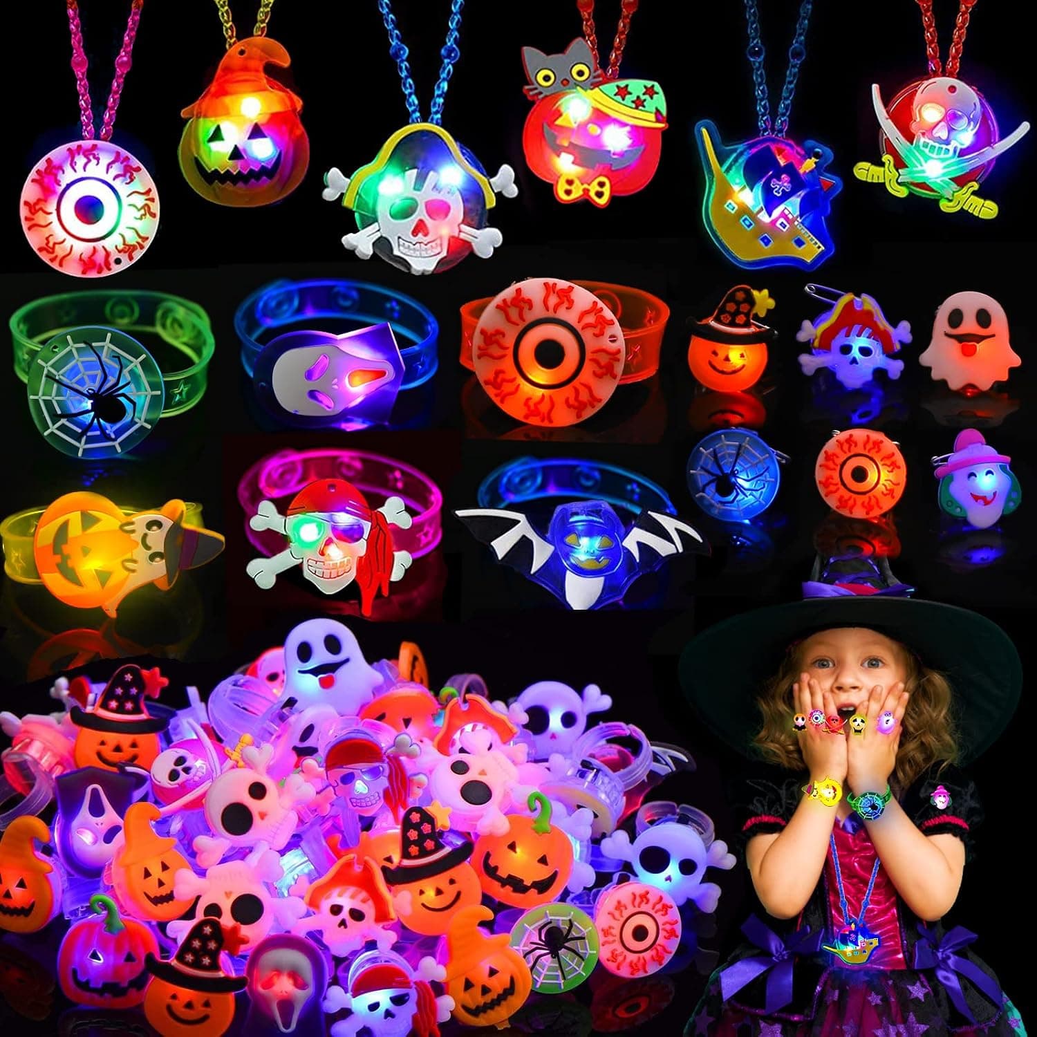 YUJUN 68PCS Halloween Light up Toys,Halloween Party Favors Flashing Ring Bracelets Necklace Trinkets Glow in The Dark LED Finger Lights for Kids Halloween Treats Games Gifts Prizes Non Candy Goodie Bag Fillers (4 Style)