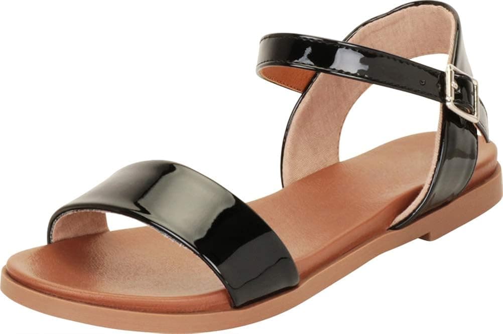 Cambridge Select Women's Open Toe Single Band Buckled Ankle Strap Padded Comfort Flat Sandal,10 B(M) US,Black Patent