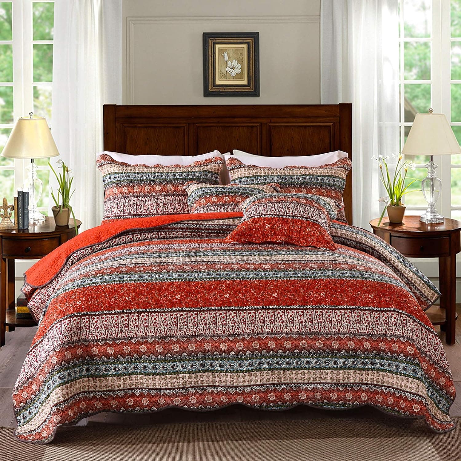 MaiuFun Cotton Bedspread Quilt Sets King Size (96x108 Inch), Retro Red Classical Striped Bohemian Floral Patchwork Patterns, 3-Piece Bedding Coverlet for All Season (1 Quilt + 2 Pillow Shams)