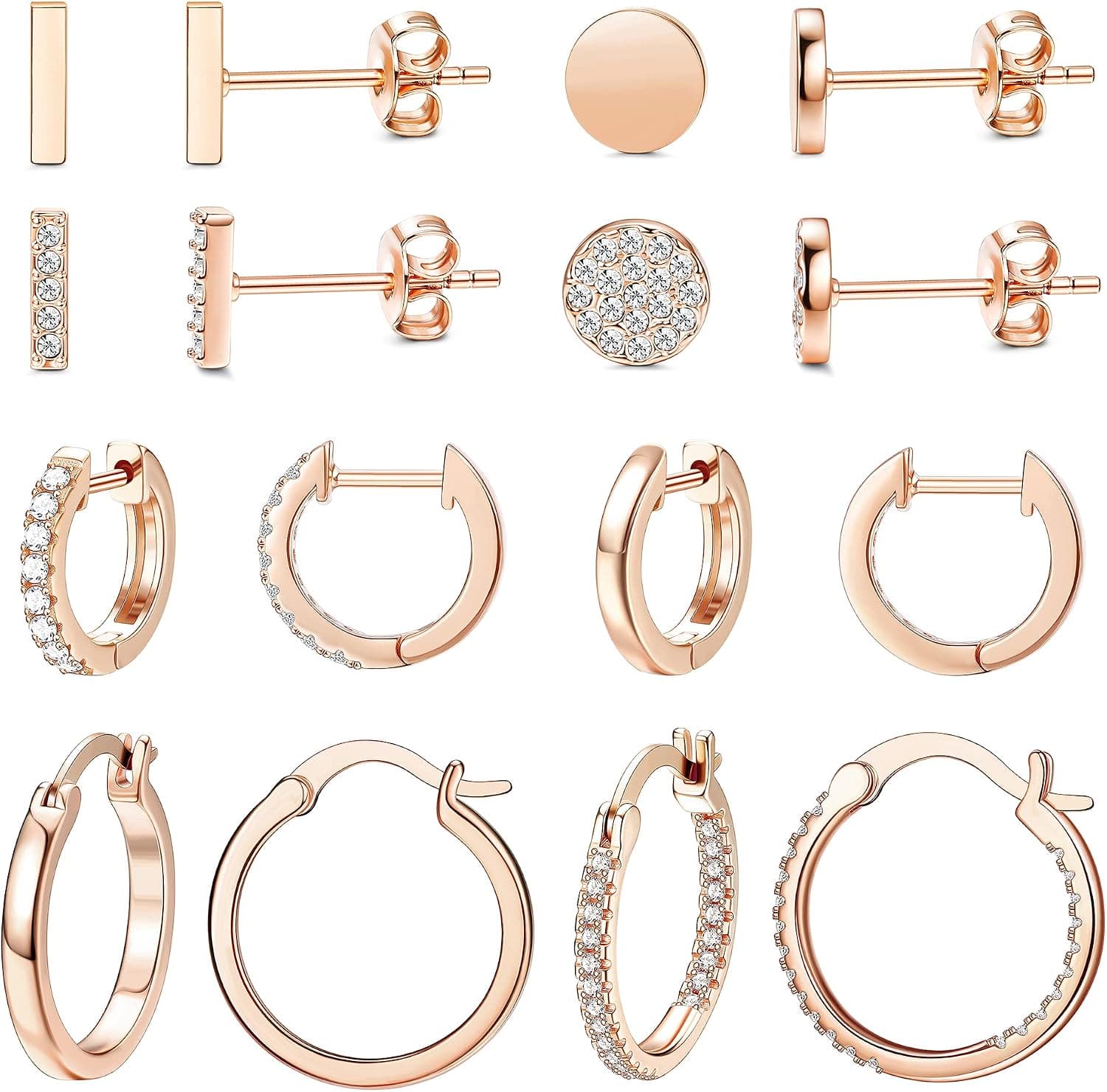 JOERICA 8 Pairs Hoop Huggie Earrings for Women Bar Dot Stud Earrings 14K Gold Plated Cubic Zirconia Cute Earrings Set