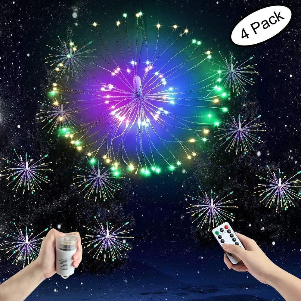 Firework Copper Wire Lights,8 Modes Dimmable String Fairy Lights with Remote Control,Battery Operated Hanging Starburst Lights Waterproof for Parties Home Outdoor Decoration (4 Pack, 120LED Colored)
