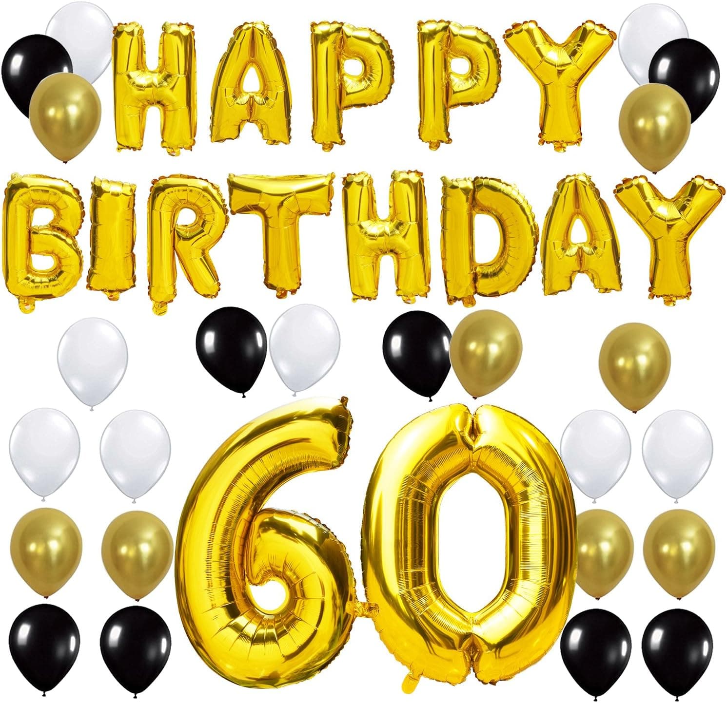 KUNGYO 60TH Birthday Party Decorations Kit - Happy Birthday Balloon Banner, Number “60” Balloon Mylar Foil, Black Gold White Latex Ballon, Perfect 60 Years Old Party Supplies
