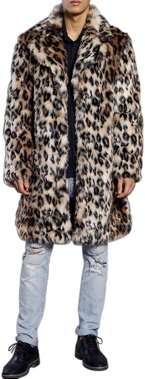ZLSLZ Mens Winter Warm Leopard Faux Fur Long Length Luxury Outerwear Coat Jacket