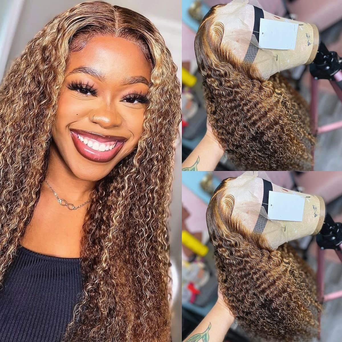 U&A 4-27 Highlight Colored 13x4 Long Curly Lace Front Human Hair Wigs Transparent Lace Front Wigs Human Hair 150% Density Pre Plucked With Baby Hairs (12 inch)