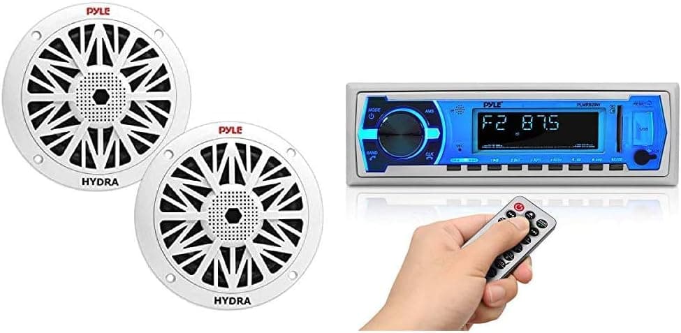 6.5 Inch Dual Marine Speakers - 2 Way Waterproof and Weather Resistant Outdoor Audio Stereo Sound System & Marine Bluetooth Stereo Radio - 12v Single DIN Style Boat in Dash Radio Receiver System