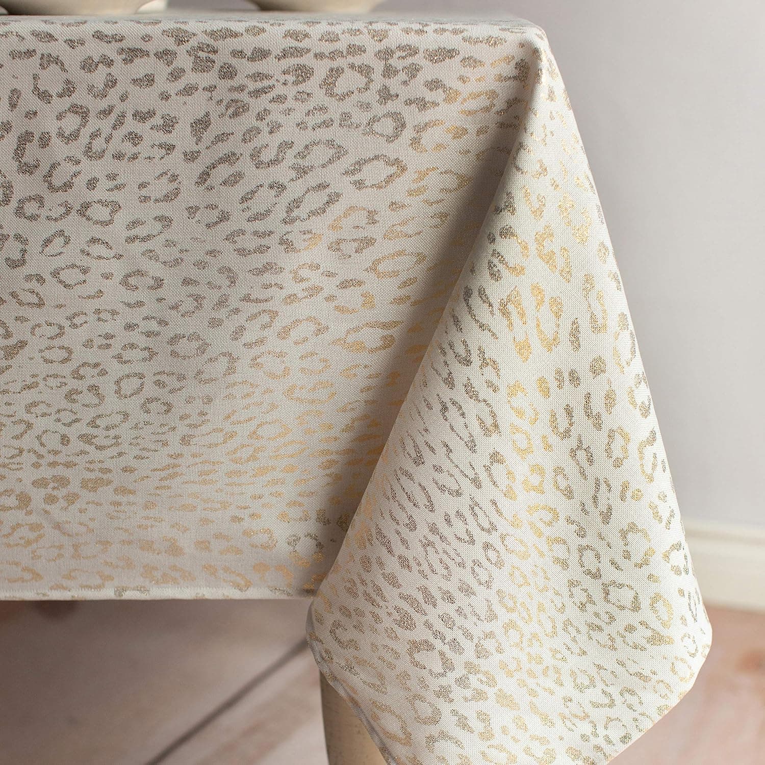 Benson Mills Tamali Leopard Tablecloth, 60X84, Ivory/Gold,25600