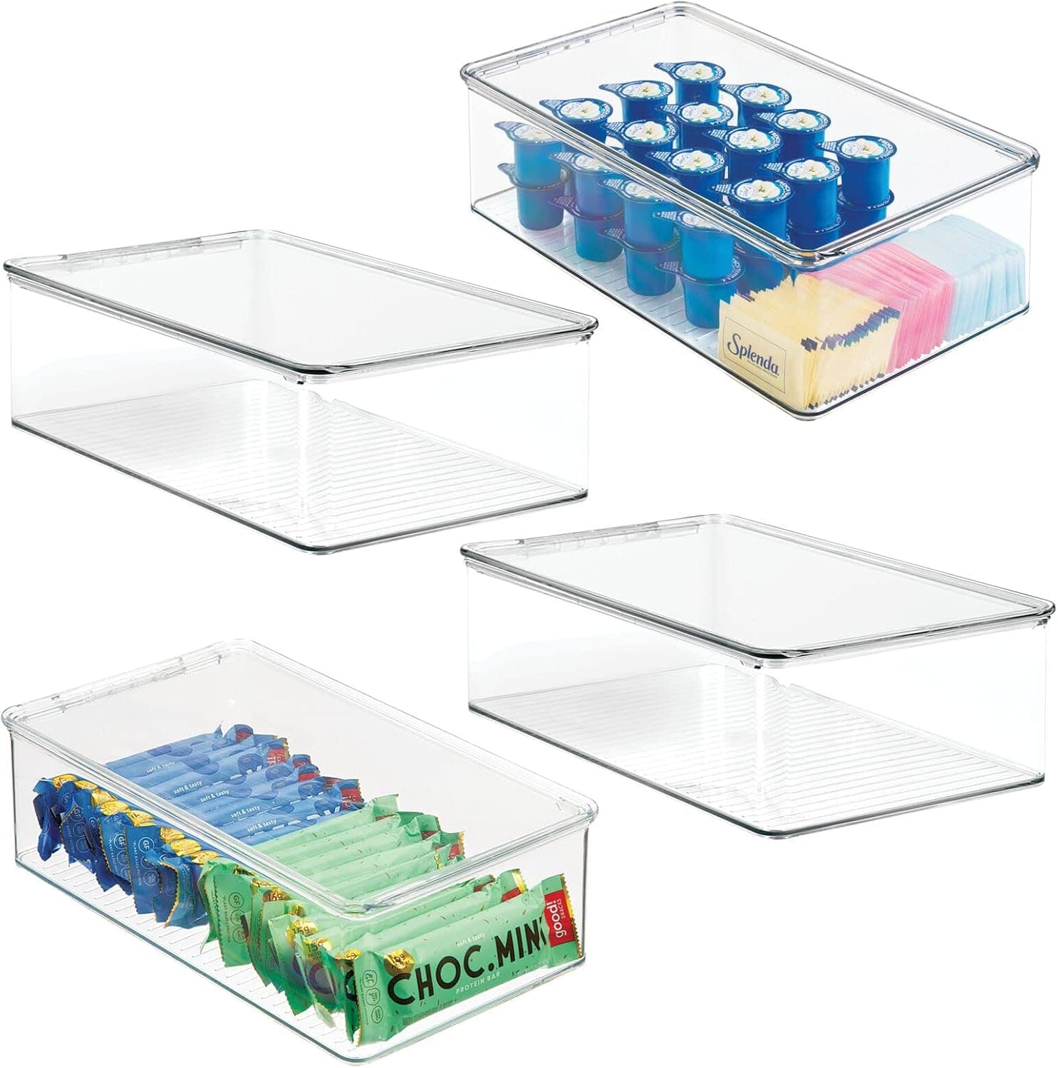 mDesign Plastic Kitchen Pantry and Fridge Storage Organizer Box Containers with Hinged Lid for Shelves or Cabinets, Holds Snacks, Canned Drinks, Condiments, Utensils, Ligne Collection, 4 Pack, Clear