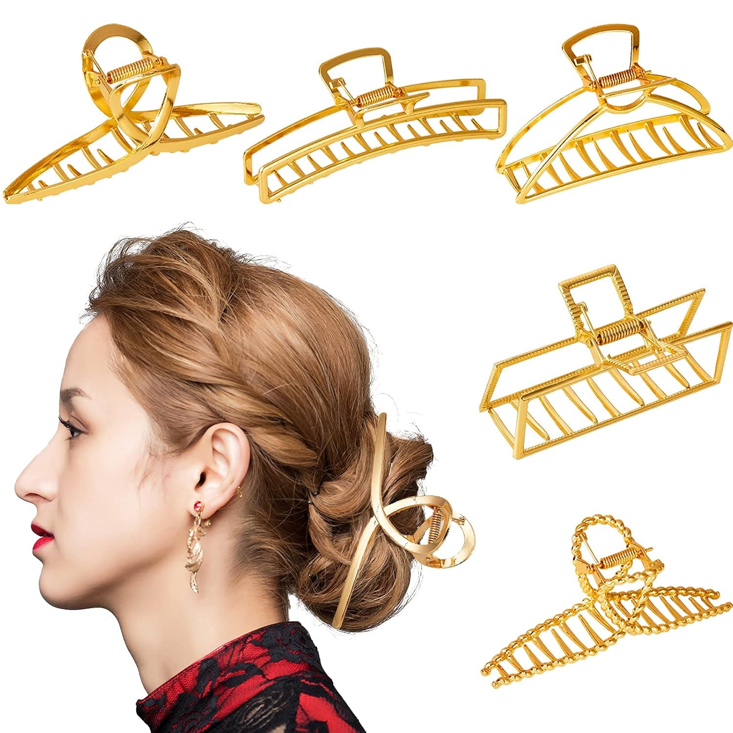 5pcs Large Gold Metal Hair Clips,4.7"Big Claw Hair Clips Strong Jaw Powerful Non Slip Barrette, for Thick Hair Cute Hair Accessories, Half Bun Hair Clip for Women Girls, with Box