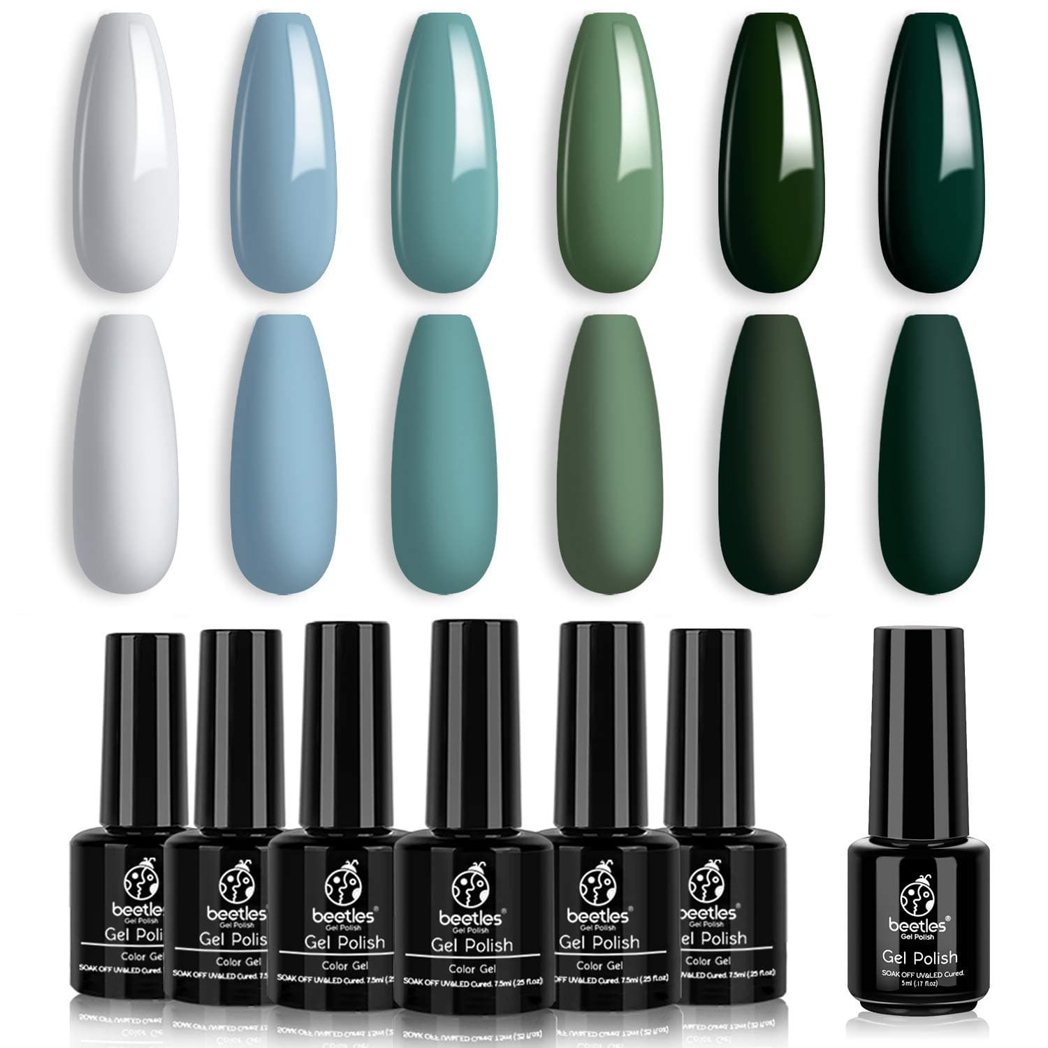 Beetles Blue Green Gel Nail Polish Kit - 6 Colors Misty Gray Dark Green Gel Polish With No Wipe Top Coat