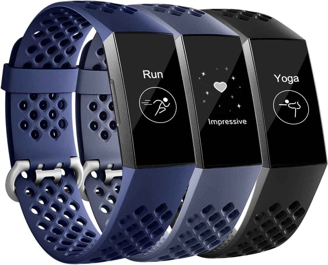Maledan Bands Compatible with Fitbit Charge 3 and Charge 4, Breathable Sport Band Replacement Wristbands with Air Holes for Charge 4/ Charge 3/ Charge 3 SE Fitness Tracker Women Men, 3-Pack