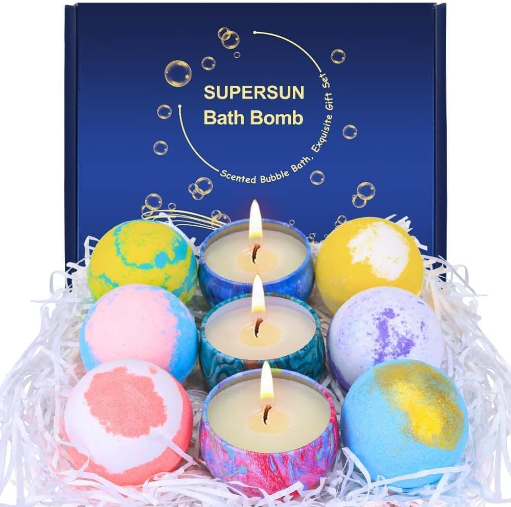 Bath Bombs for Women Birthday Day Gift Set : 6 Bathbombs with 3 Scented Candles Gifts Sets, Natural and Organic for Bubble and Spa Bath, Mothers Day Gifts Ideas for Mom Her Girls Kids