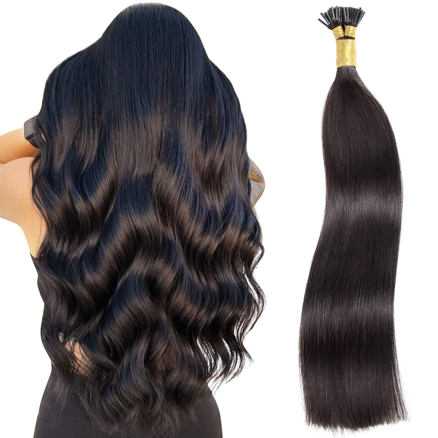 I Tip Human Hair Extensions,20 inch Fusion Human Hair Extensions 100g I Tip Real Hair Extensions 1g/Strand #1B Natural Black I Tip Hair Extensions