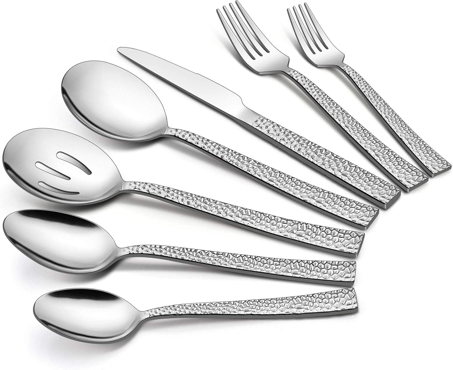 LIANYU 66-Piece Silverware Set with Serving Spoons and Slotted Serving Spoons, Stainless Steel Flatware Set Service for 12, Hammered Square Cutlery Set for Home Party Wedding, Dishwasher Safe