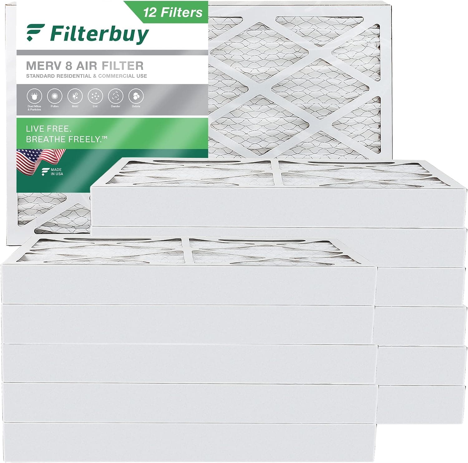 Filterbuy 16x25x4 Air Filter MERV 8 Dust Defense (12-Pack), Pleated HVAC AC Furnace Air Filters Replacement (Actual Size: 15.38 x 24.38 x 3.63 Inches)