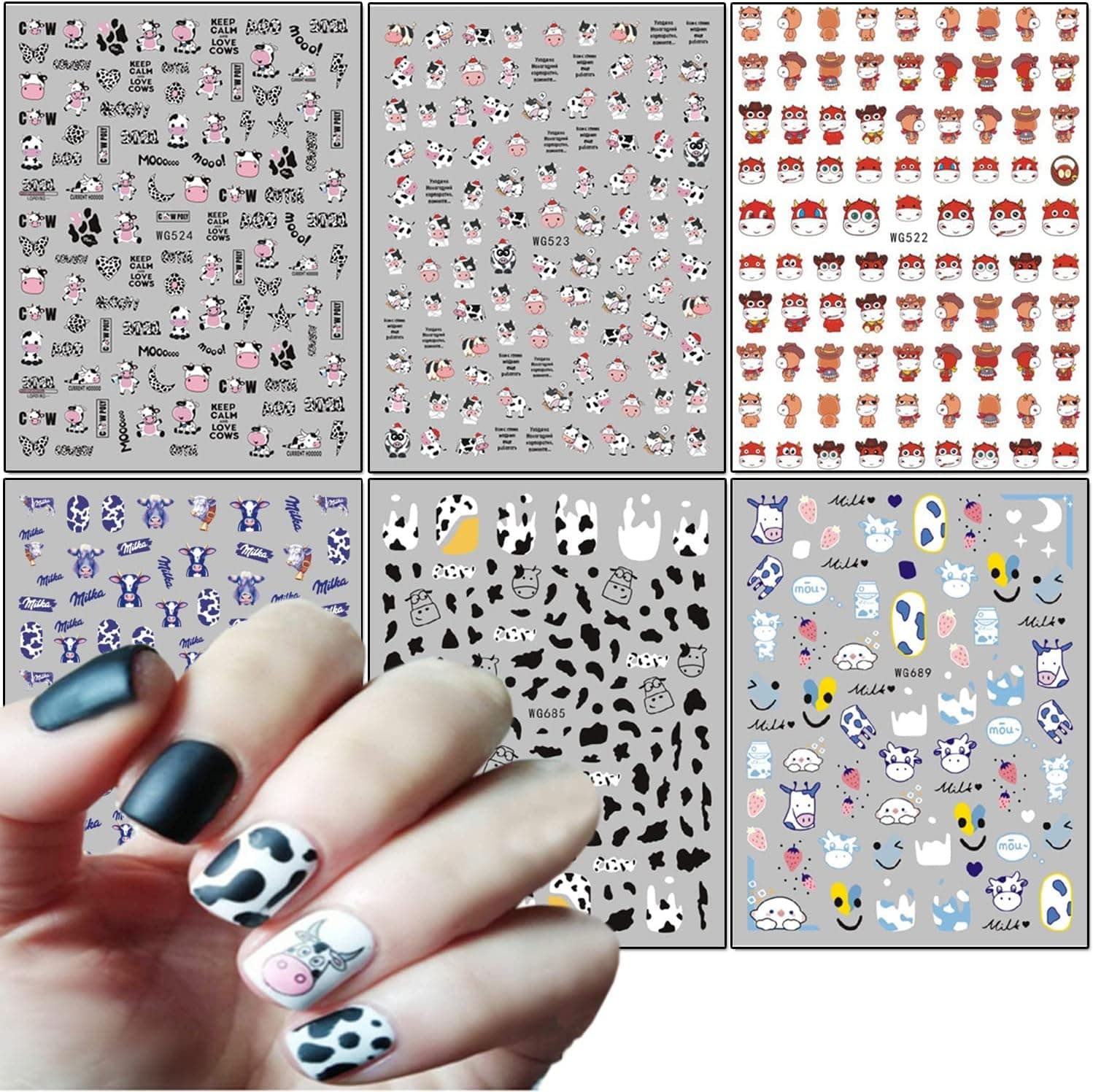 Cute Cow Nail Art Stickers, Cartoon Cow Nail Decals 3D Self-Adhesive Nail Sticker Design Holographic Cattle Nail Art Decal Decoration for Women Girls Manicure Tips DIY Animal Nails Art Supplies