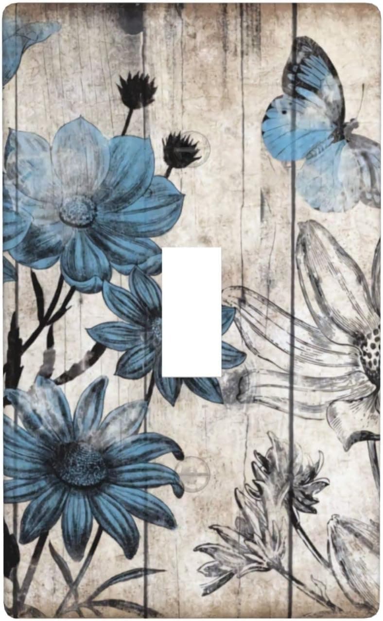 Vintage Rustic Flower Butterfly Decorative Single Toggle Wall Plate Retro Blue Floral Electrical 1 Gang Light Switch Cover Wallplate for Farmhouse Home Art Panel Room Decor 4.5" X 2.76"