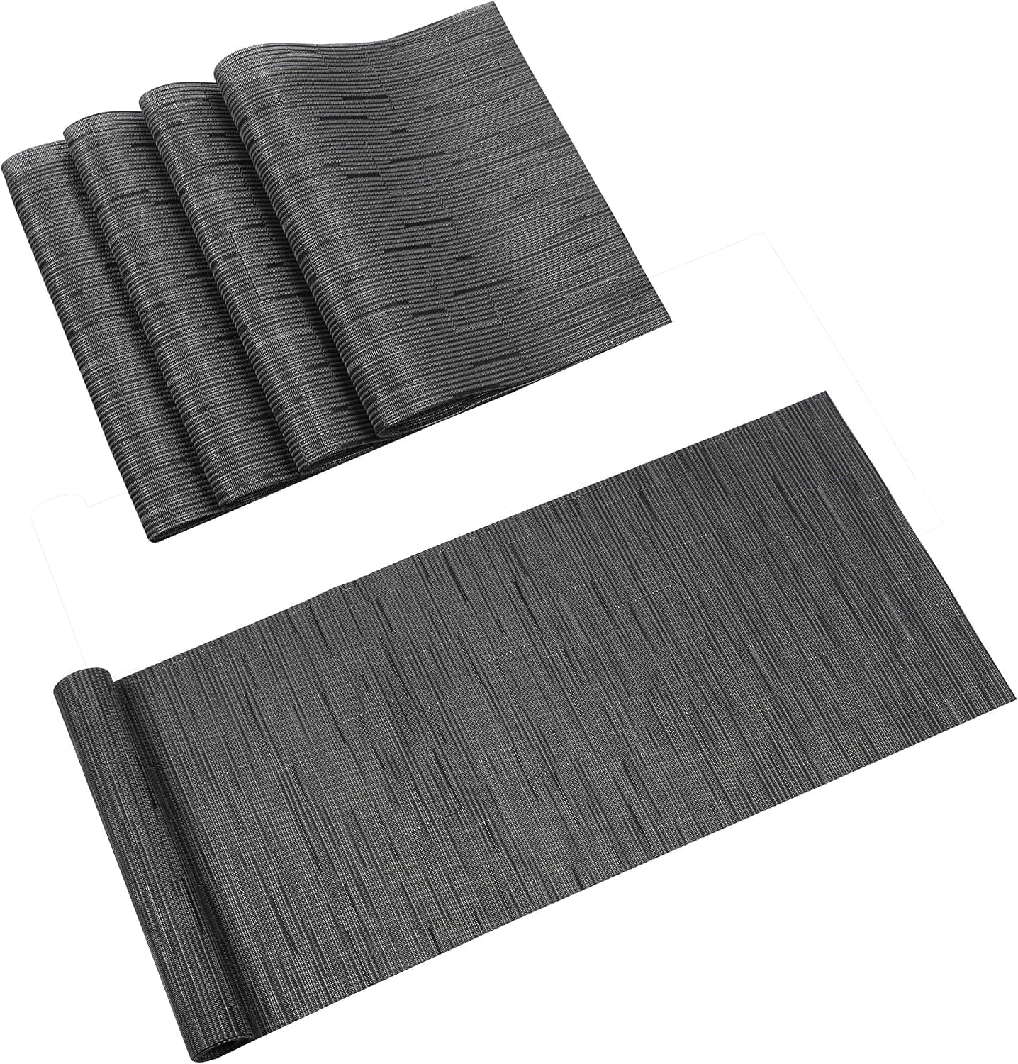 Famibay PVC Table Placemats and Table Runner - Heat Insulation PVC Place Mats Stain-Resistant Woven Vinyl Table Mats for Kitchen (Set of 4 and Table Runner, Black)