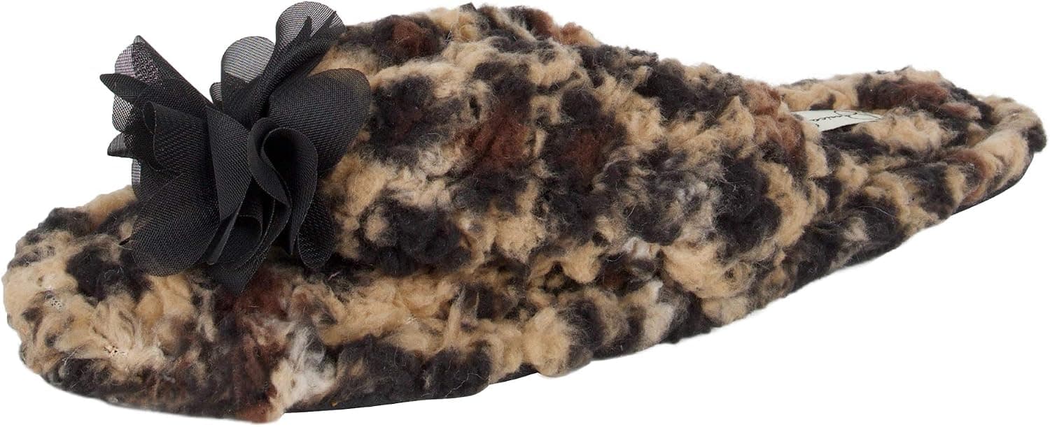 Jessica Simpson Women's Fluffy Pom Thong House Slide on Slippers with Memory Foam, Leopard, Large