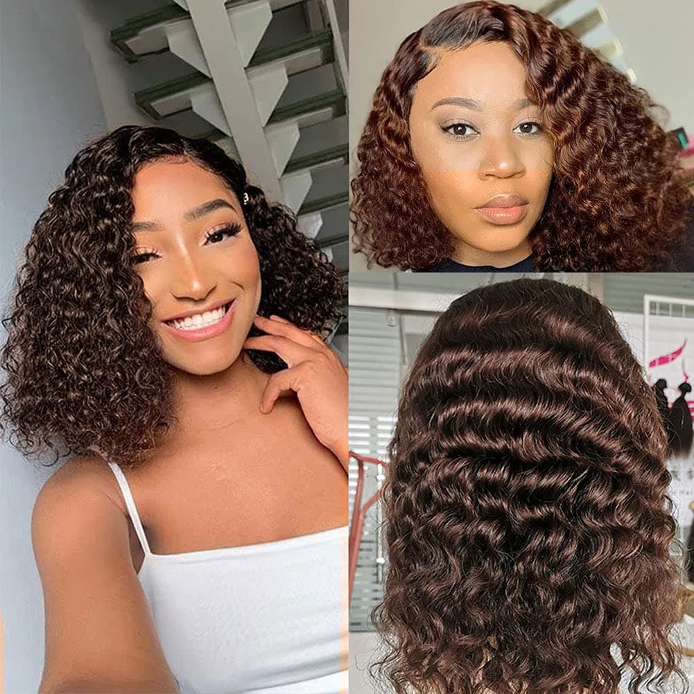 EXCEED Deep Wave Bob Wigs Human Hair Lace Front Wig Brown Bob 13x3 Lace Frontal Wigs Pre Plucked with Baby Hair Remy Hair for Women (DW2#,10inch)