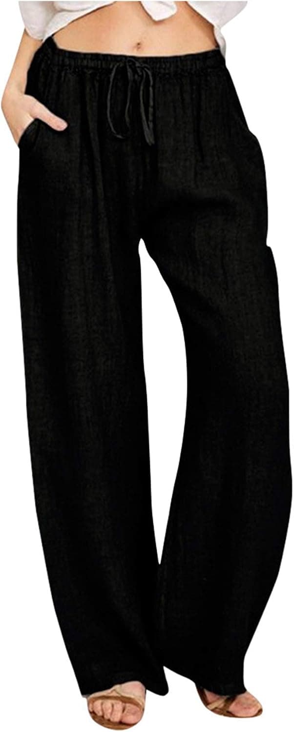 Women's Wide Leg Casual Loose Fitting Linen Pants with Elastic Waist and Drawstring Loose Flare Straight-Leg Trousers