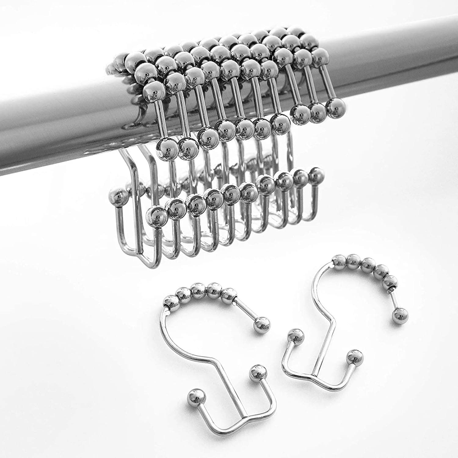 Shower Curtain Hooks Rings，Double Glide Roller Shower Curtain Rings for Bathroom Shower Liners, Polished Chrome Set of 12 Hooks