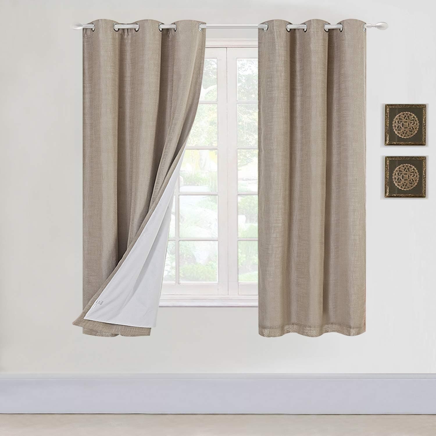 RHF Primitive Linen Look, 100% Blackout Curtain(with Liner), Linen Textured Blackout Curtains for Living Room/Bedroom,Burlap Curtains-2 Panels, 42x63, Cappuccino