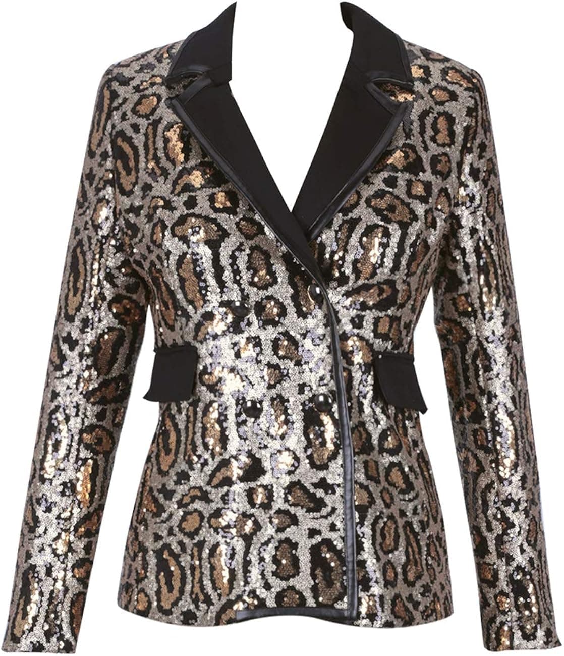 UONBOX Women's Leopard Sequin Long Sleeve Two Pieces Blazer Jacket Outfits and Pants Business Suit Sets