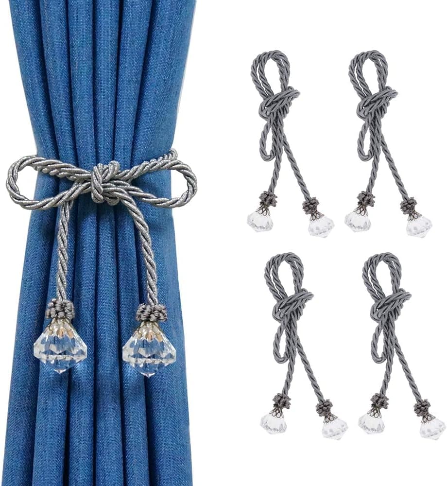 HIASTRA Curtain Tiebacks Rope with Crystal, 4pcs Curtain Tie Back, Decorative Rope Tieback, Handmade Curtain Holders Holdbacks for Window Sheer Drapes Home Office, Dark Grey