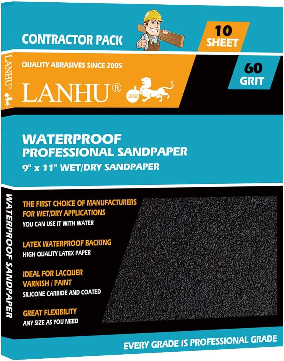 LANHU 60 Grit Sandpaper for Wood Furniture Finishing, Metal Sanding and Automotive Polishing, Dry or Wet Sanding, Multipurpose Sandpaper, 9 x 11 Inches, 10-Sheets