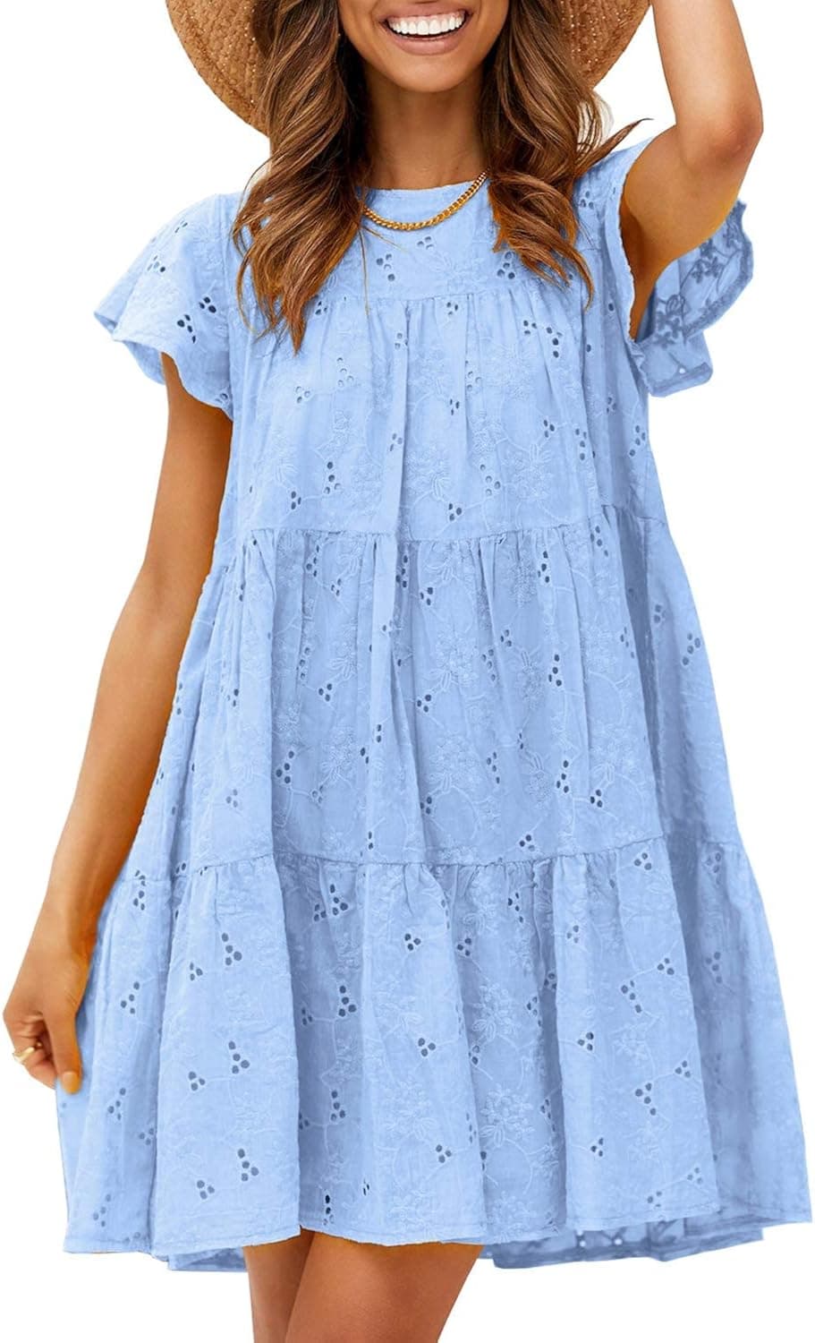 Miessial Women's Summer Embroidery Round Neck Mini Dress Hollow Out Loose Swing Dress