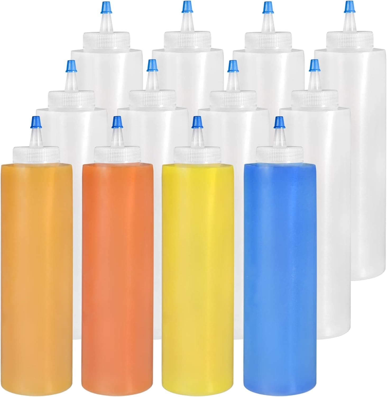 Fasmov Squeeze Bottle, 12 Pack 16-ounce Plastic Condiment Squeeze Squirt Bottles, Plastic Squeeze Bottles with Blue Tip Cap for Ketchup, Sauces, Salad Dressings, Crafts and More