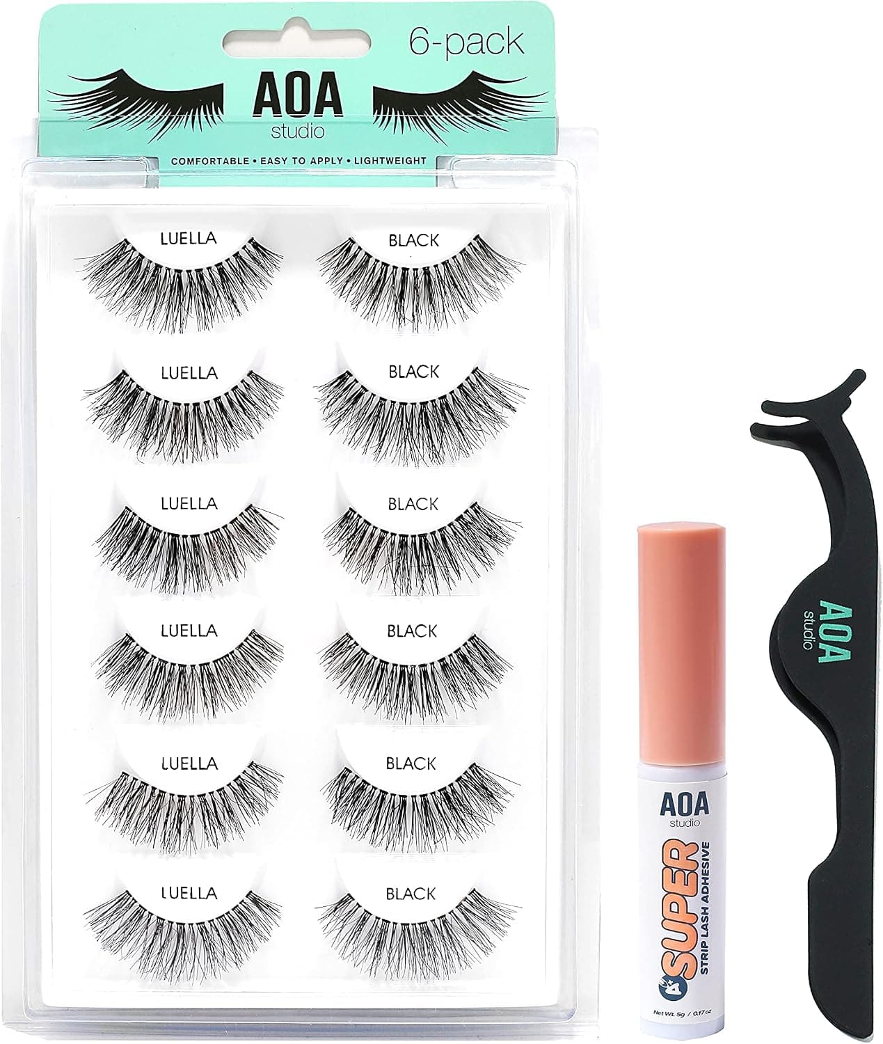 AOA Studio 6 Pairs Luella Natural Handmade False Eyelashes with Glue and Tweezer Reusable Fake Eyelashes 100 Percent Handmade Cruelty Free