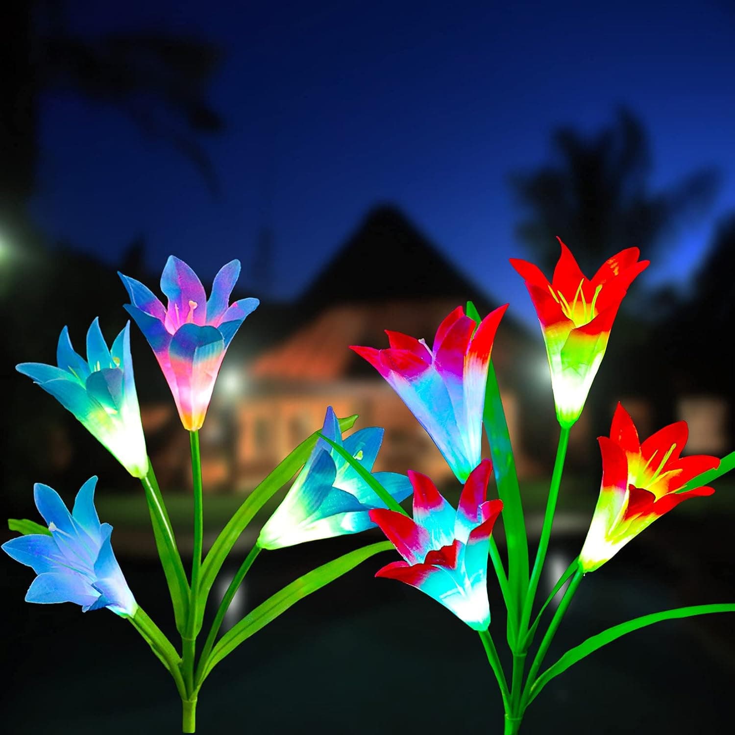AUSAYE Solar Lights Outdoor 2 PCS, Led Solar Garden Lights with Bigger Lily Flowers, Waterproof 7 Color Changing Outdoor Lights for Garden Patio Yard Pathway Decoration Red+Blue