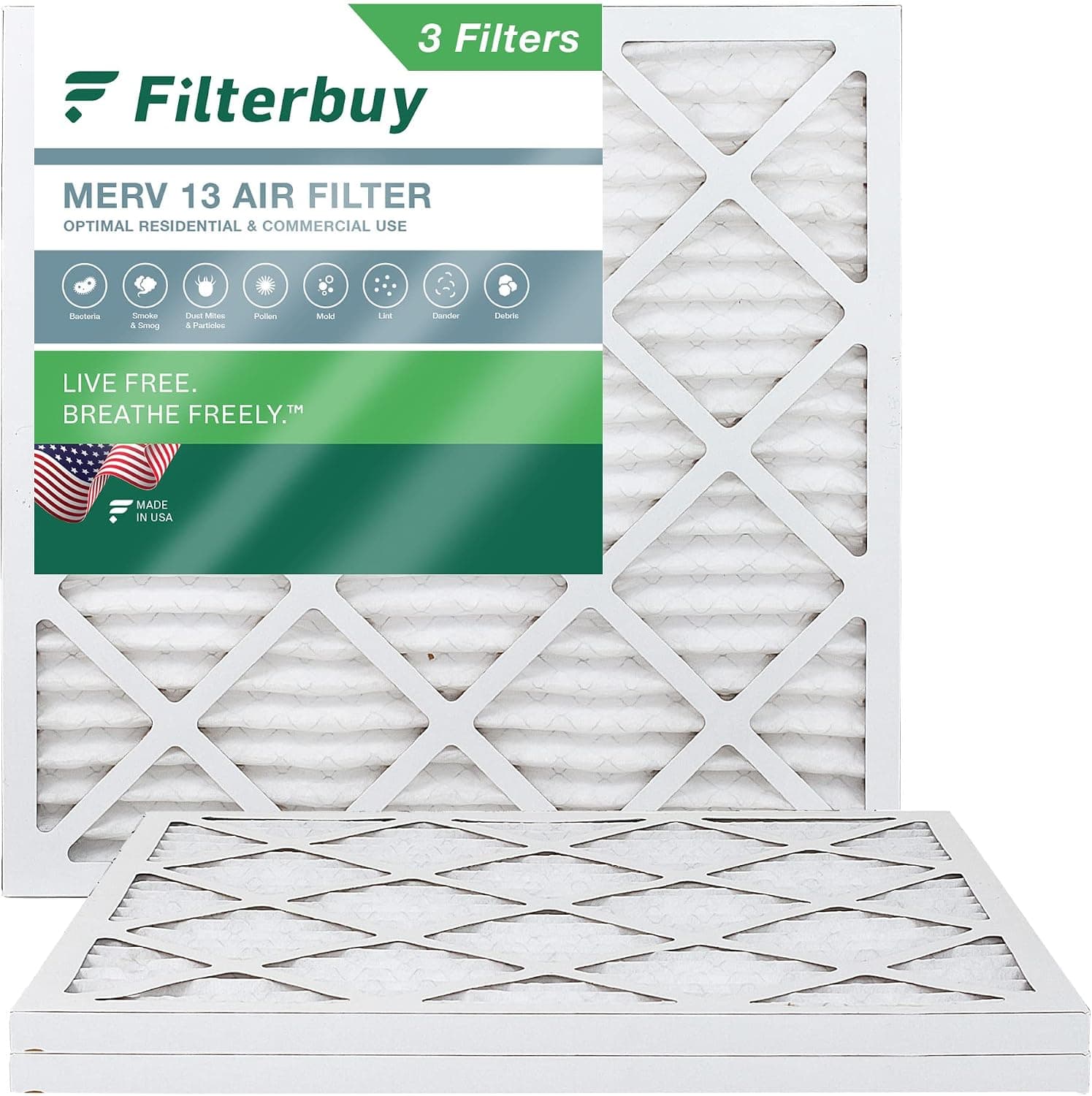 Filterbuy 20x20x1 Air Filter MERV 13 Optimal Defense (3-Pack), Pleated HVAC AC Furnace Air Filters Replacement (Actual Size: 19.50 x 19.50 x 0.75 Inches)