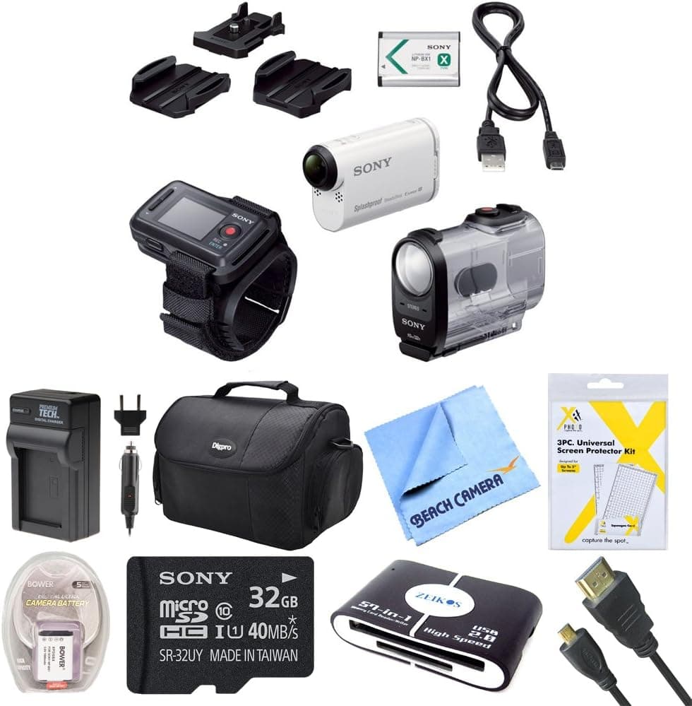 Sony HDR-AS200VR/W Action Cam Kit with Live View Remote Bundle with 32GB Memory Card, Point and Shoot Case, HDMI Cable and Accessories (8 Items)