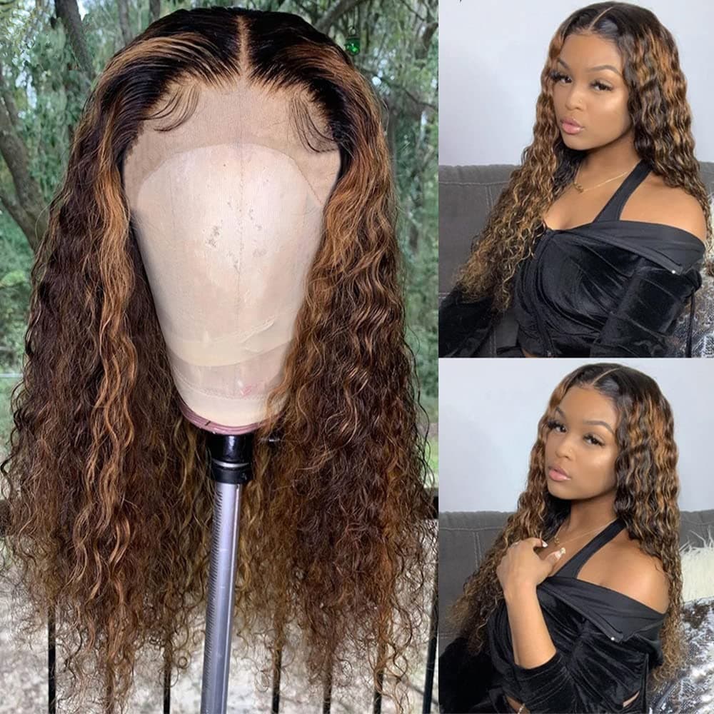 High Density Curly Blonde Highlight Human Hair Wig for Women Natural Long 13x4x1 T Part Lace Front Wig Ombre Color Human Hair Wig with Baby Hair 180% Density 16 Inch T Part Lace Wig by Brennas Hair