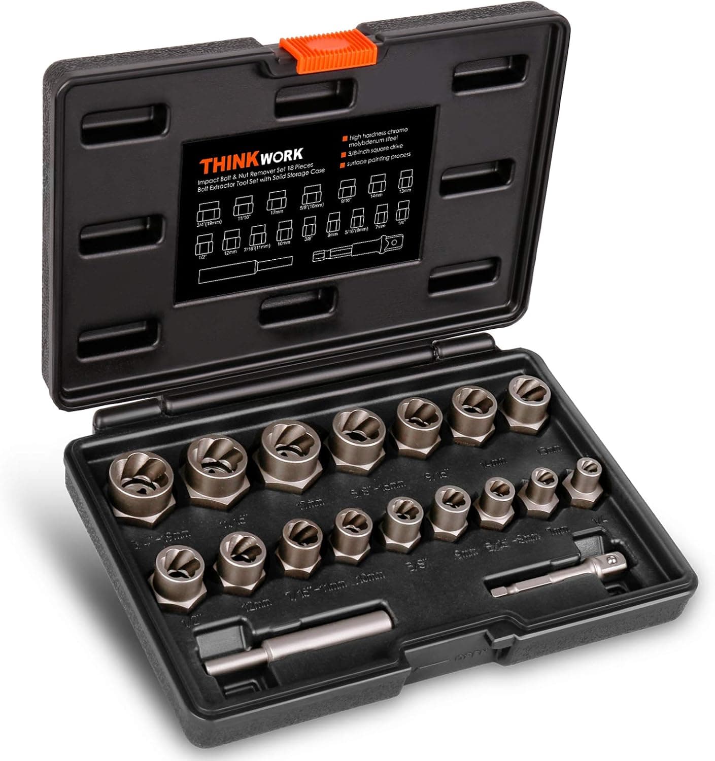 THINKWORK Bolt Extractor Set, 18 Pieces Impact Bolt & Nut Remover Set, Stripped Lug Nut Remover, Extraction Socket Set for Removing Damaged, Frozen, Rusted, Rounded-Off Bolts, Nuts & Screws