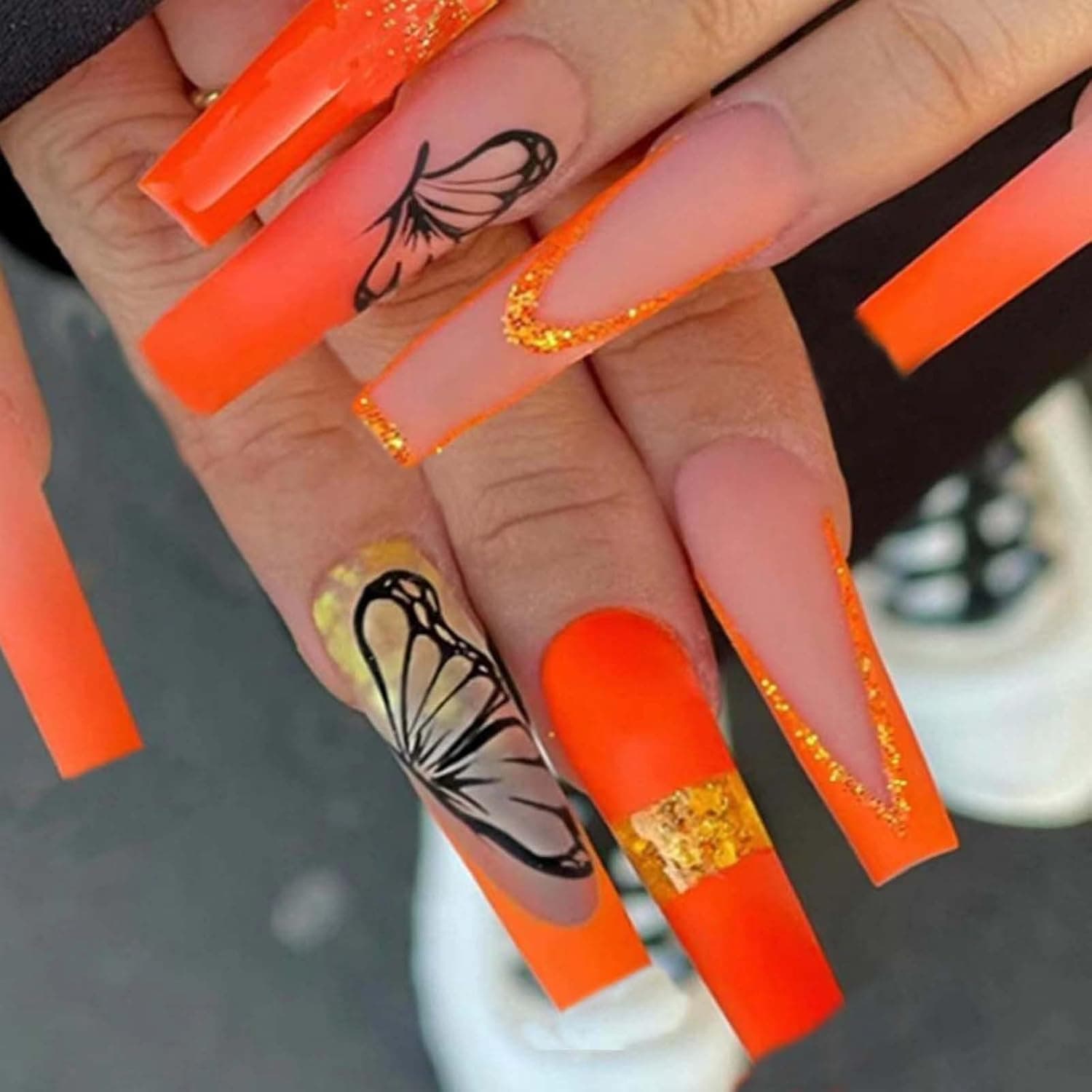 Kamize Coffin Butterfly Press on Nails Shiny Full Cover Orange Acrylic French Fake Nails Long False Nails for Women and Girls 24PCS