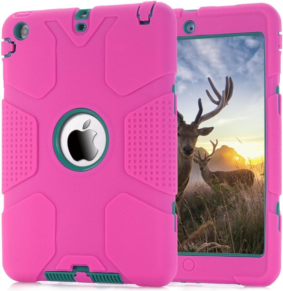 iPad Mini Case, Hocase Shockproof Heavy Duty Protection Rugged Silicone Rubber Outer Cover+Inner Hard Shell Protective Tablet Case for iPad Mini 1/2/3 with 7.9-inch Display - Deep Pink/Teal Blue