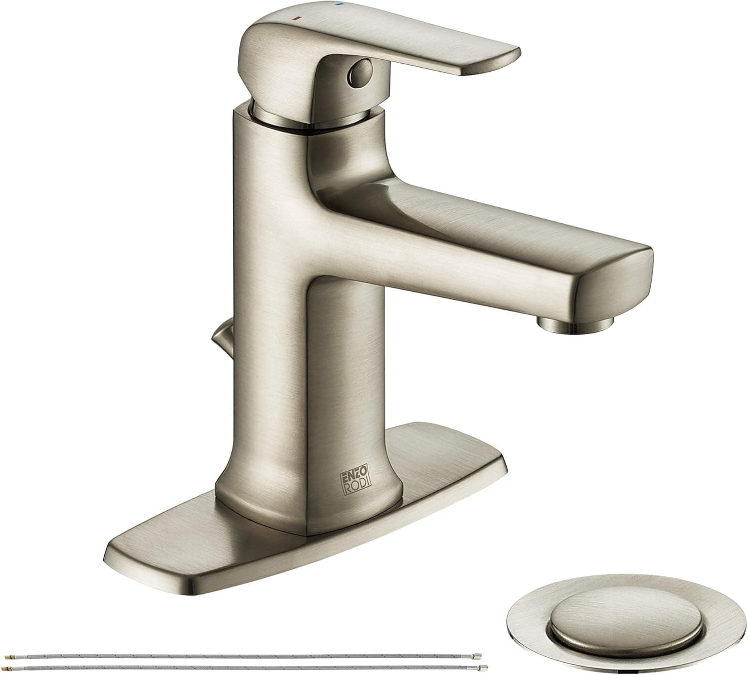 ENZO RODI Solid Brass One Hole Single Handle Bathroom Sink Faucets Brushed Nickel with Metal Lift Pop Up Drain and 2Pcs 24 inch Water Supply Lines, Deck Plate Included
