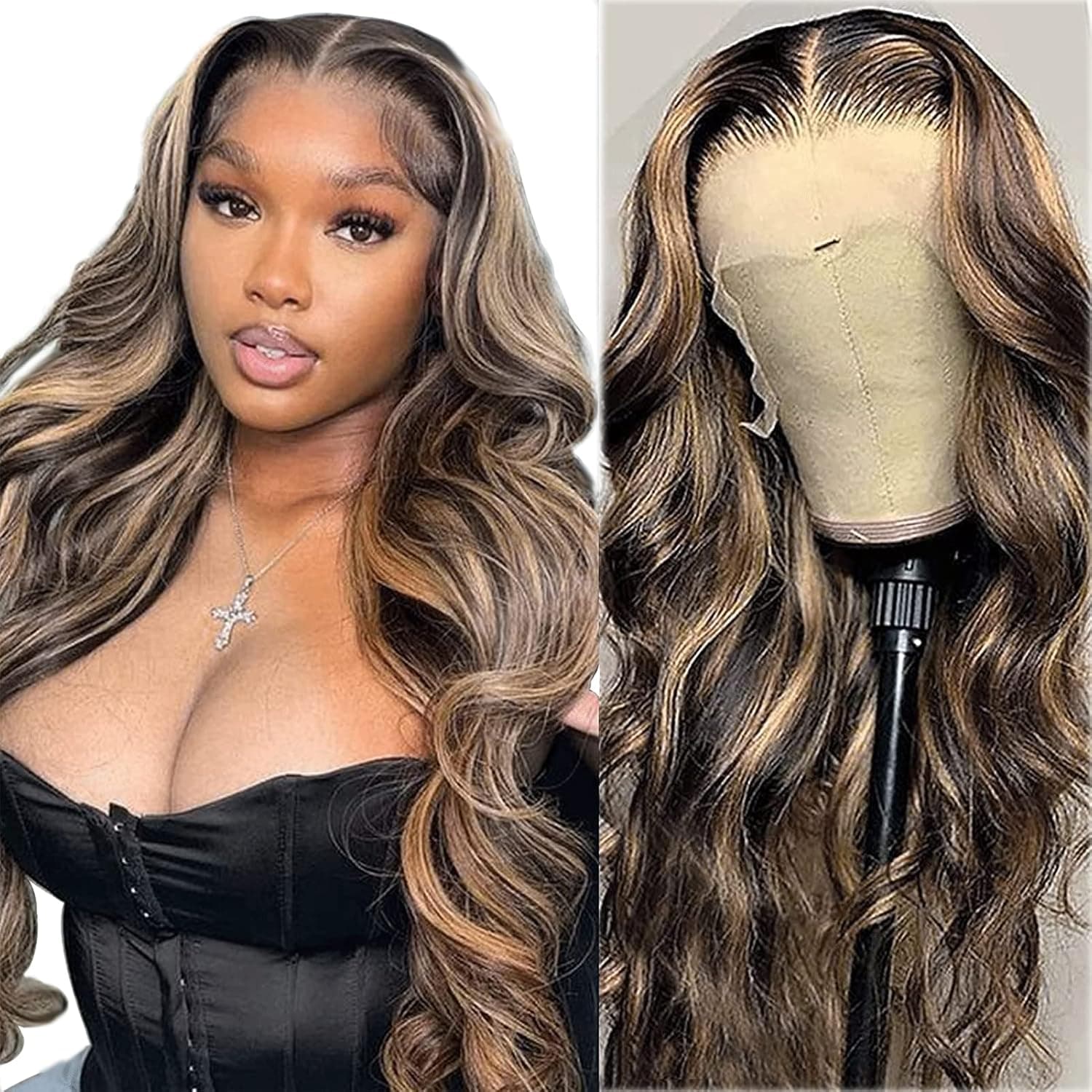 MEGALOOK Highlight Ombre 13x4 Transparent Lace Front Wigs Human Hair 180% Density Balayage Body Wave Lace Front Wigs for Black Women Human Hair 1b/27 Lace Front Wigs Pre Plucked 22 Inch
