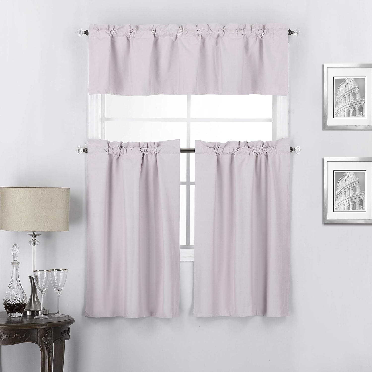 Interior Trends Twilight 3 Piece 100% Blackout Insulated Rod Pocket Kitchen Window Curtain Panel Tiers and Valance Set (36" Tiers Set, Dusty Pink)