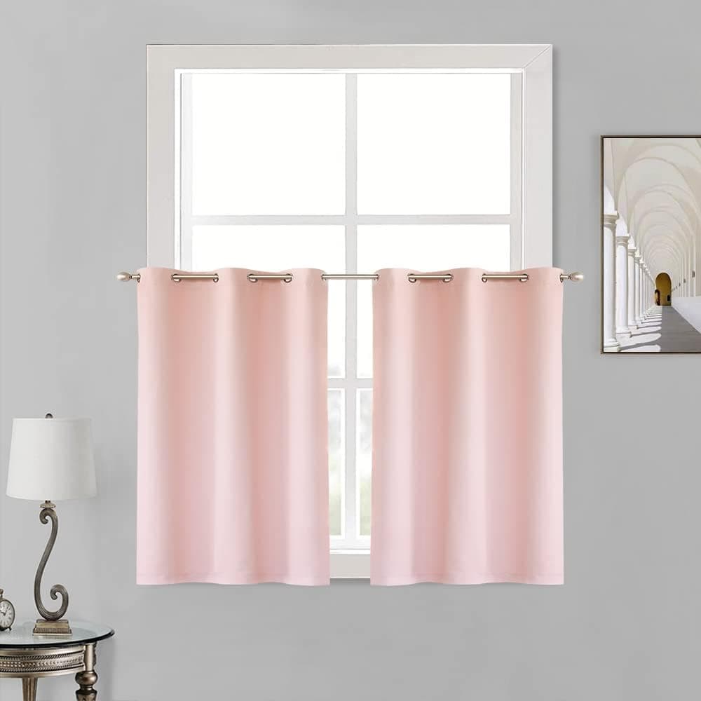 KEQIAOSUOCAI Baby Pink Small Curtains 36 Inches Long for Girls Bedroom - Grommet Top Half Short Curtain Tier Room Darkening Drapes for Kitchen Basement, Baby Pink, 34W x 36L