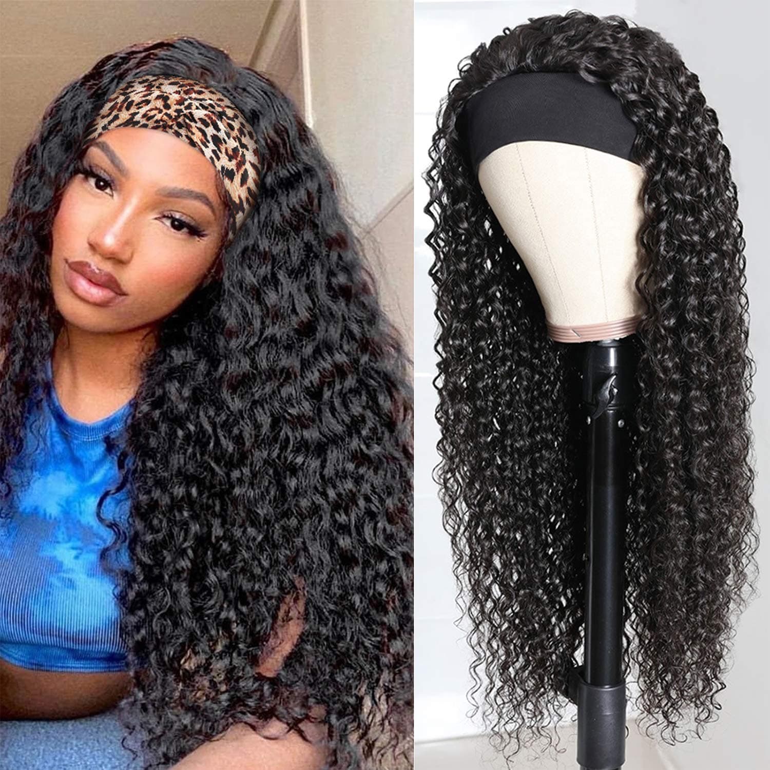 Headband Wig Deep Wave Human Hair Wigs Glueless None Lace Front Wigs Brazilian Virgin Hair Machine Made Wigs Ice Silk Deep Curly Headband Half Wig for Black Women 150% Density 18 Inch