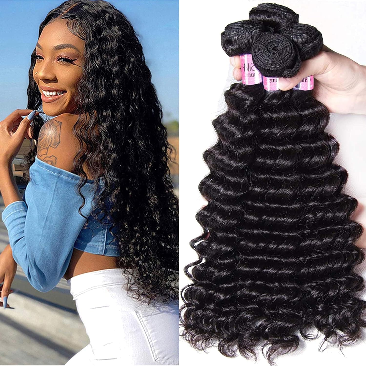 UNice Hair Peruvian Virgin Hair Deep Wave 3 Bundles Real Human Hair Weft Extensions Natural Color 95-100g/piece (12 14 16)