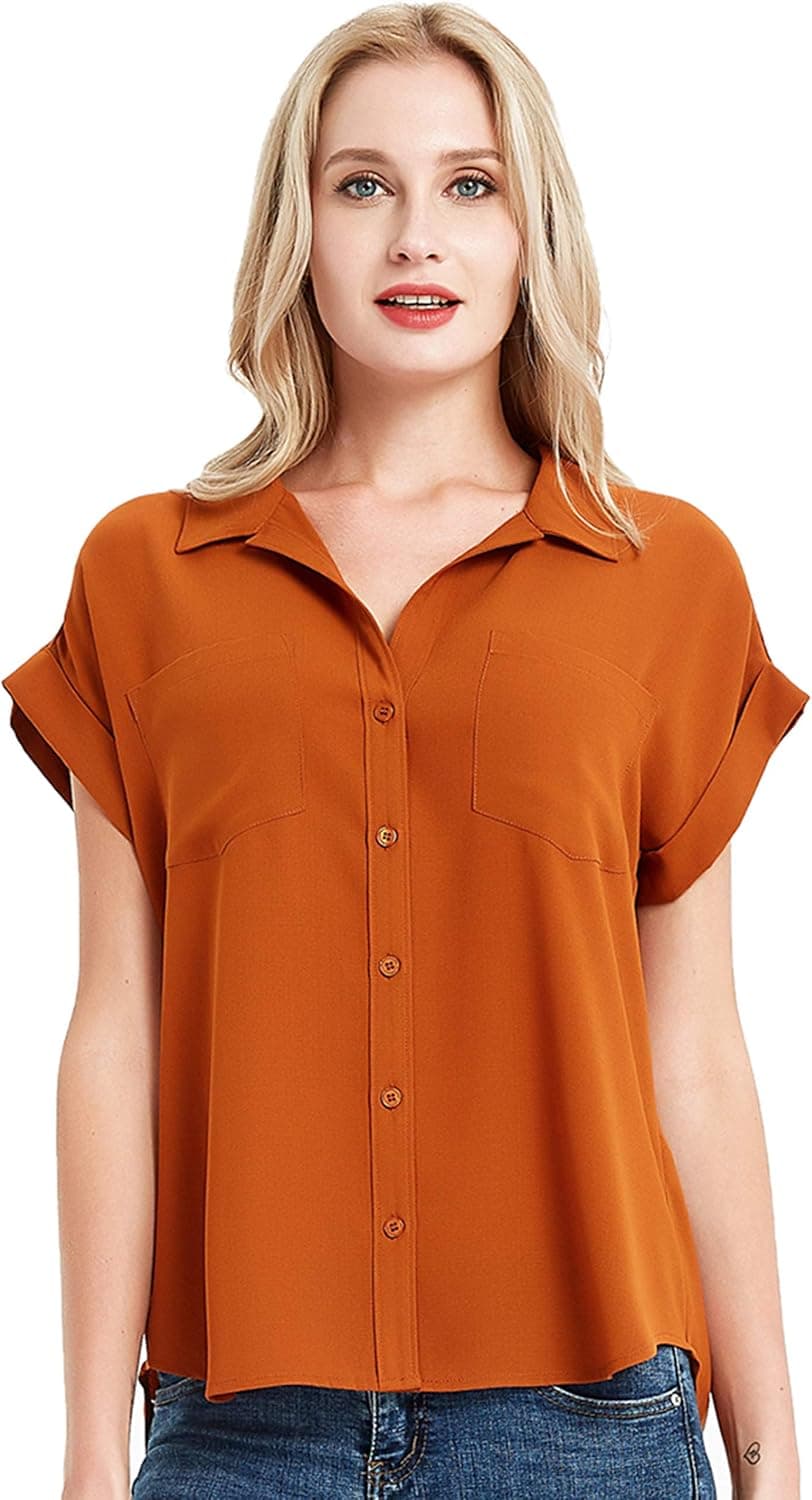 Basic Model Short Sleeve Chiffon Tops for Women Summer Casual Ruffle Sleeve Blouses Loose Shirts (8039-Camel, Large)